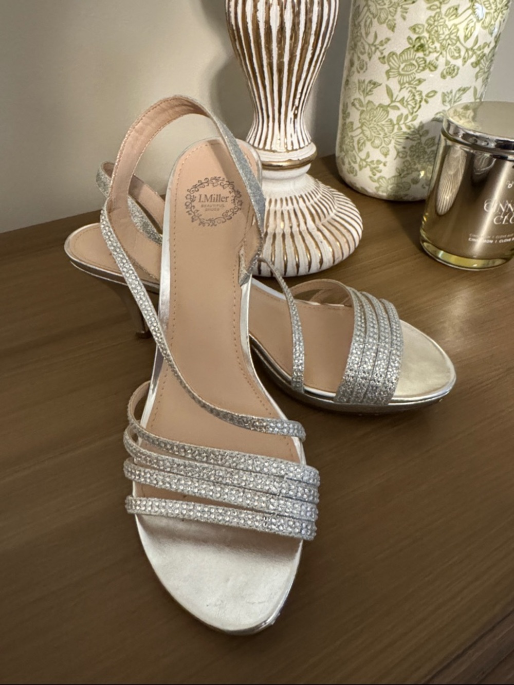 Silver Crystal-Strap Slingback Heels